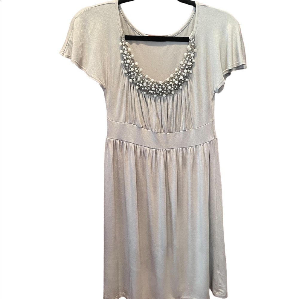 Soprano grey‎ A-line short sleeve dress with beaded neckline, size medium​